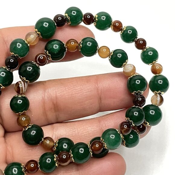 Emerald Green Gemstone Brown Agate Gemstone Beaded Necklace Gold Tone Boho - Picture 6 of 8
